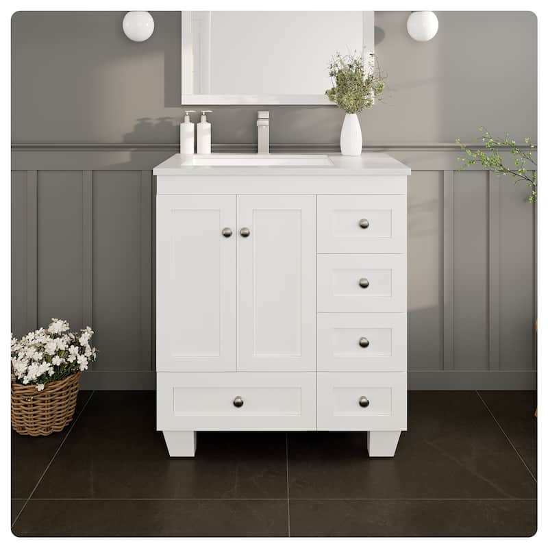 Happy 30"W Bath Vanity with Carrara Quartz Top and Undermount Sink - White