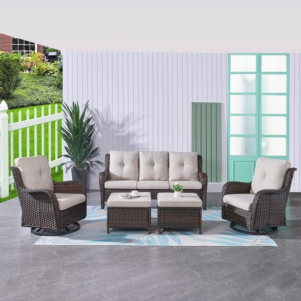 Pocassy 5Piece Outdoor Wicker Sofa Set with Swivel Chairs Bed Bath