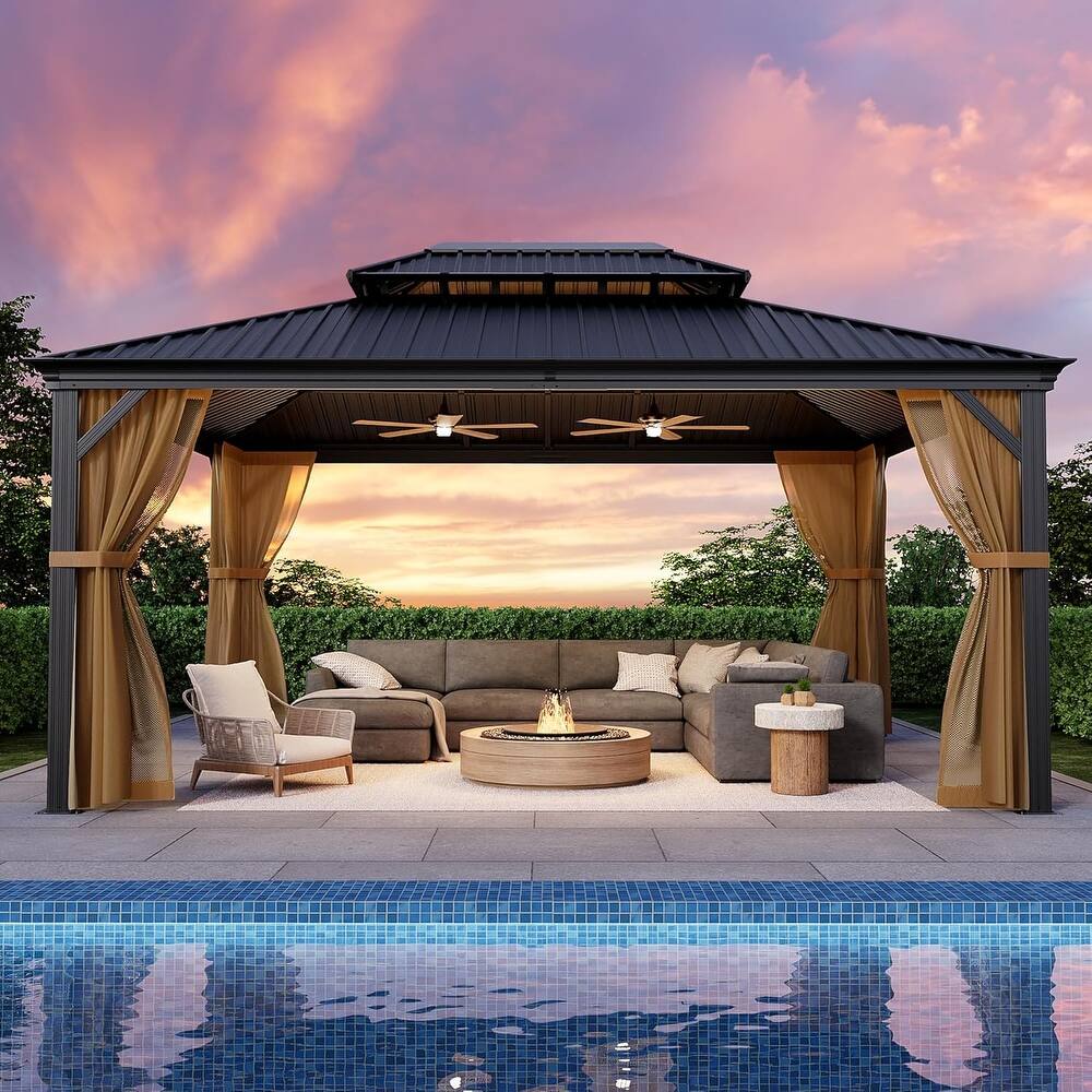 COSIEST 10'x12'Hardtop Gazebo with Netting and Curtains