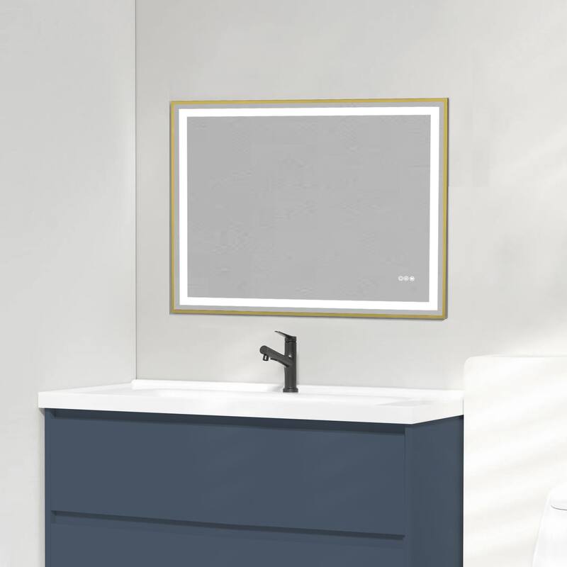 Topcraft Gold Framed Tempered Glass Mirror with Dual LED Strip Lighting