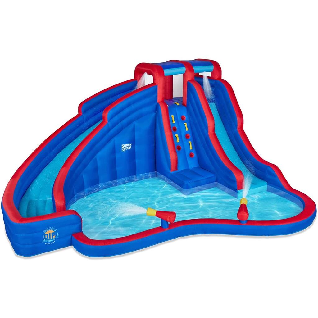 Sunny & Fun Double Dip Inflatable Water Slide Park & Blow up Pool with Air Pump - Blue