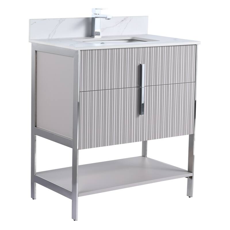 Fine Fixtures Serenity Modern Bathroom Vanity with White Carrara Stone Top - Bright Taupe - Chrome Hardware - 30 inch