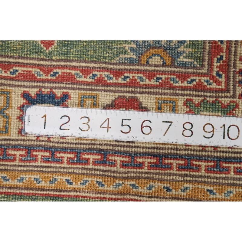 Green Geometric Kazak Foyer Rug Handmade Wool Carpet - 2'6"x 3'10"