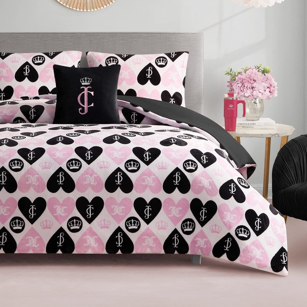 Juicy Couture Plush Queen Heart Logo Reversible Comforter Sets