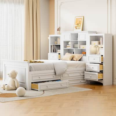 Twin Size Wood Platform Bed with Vertical All-in-One Cabinet and 4 Drawers on each side