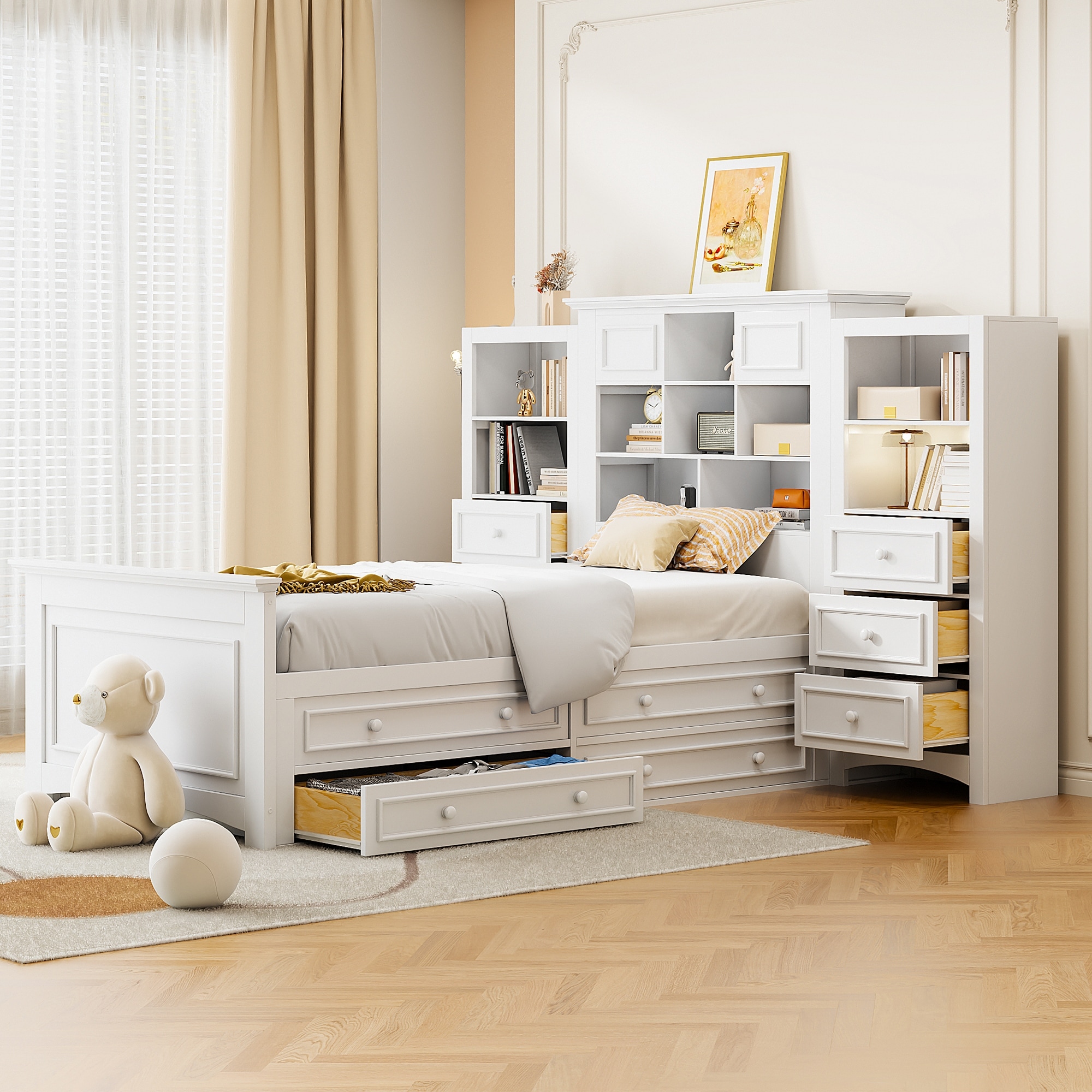 Twin Size Wood Platformbed with Vertical All-in-One Cabinet and 4 Drawers on each side