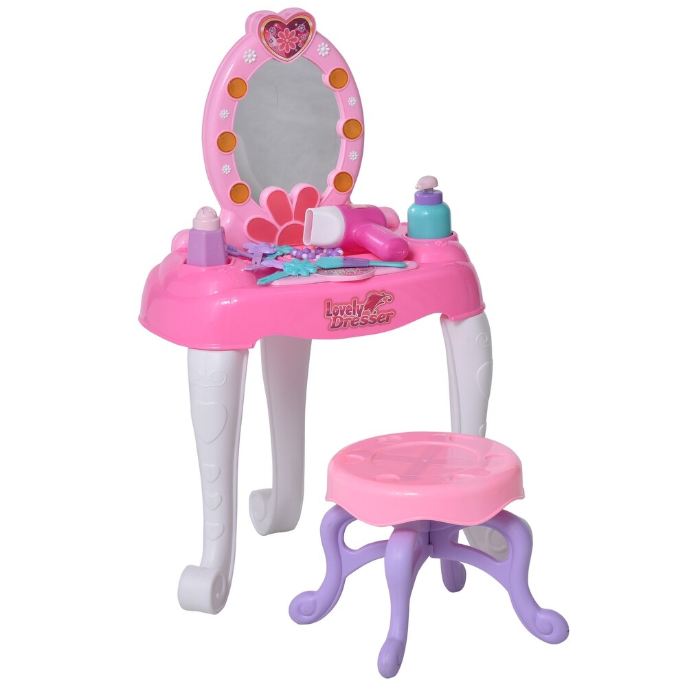 Qaba Kids Vanity Table And Chair Beauty Pretend Play Set With Mirror Lights Sounds Makeup Accessories For Girls 3 Years Old Basic 5 7 Years Shefinds Elegant and functional addition for bedrooms and others interiors according to taste. overstock qaba kids vanity table and chair beauty pretend play set with mirror lights sounds makeup accessories for girls 3 years old basic 5 7