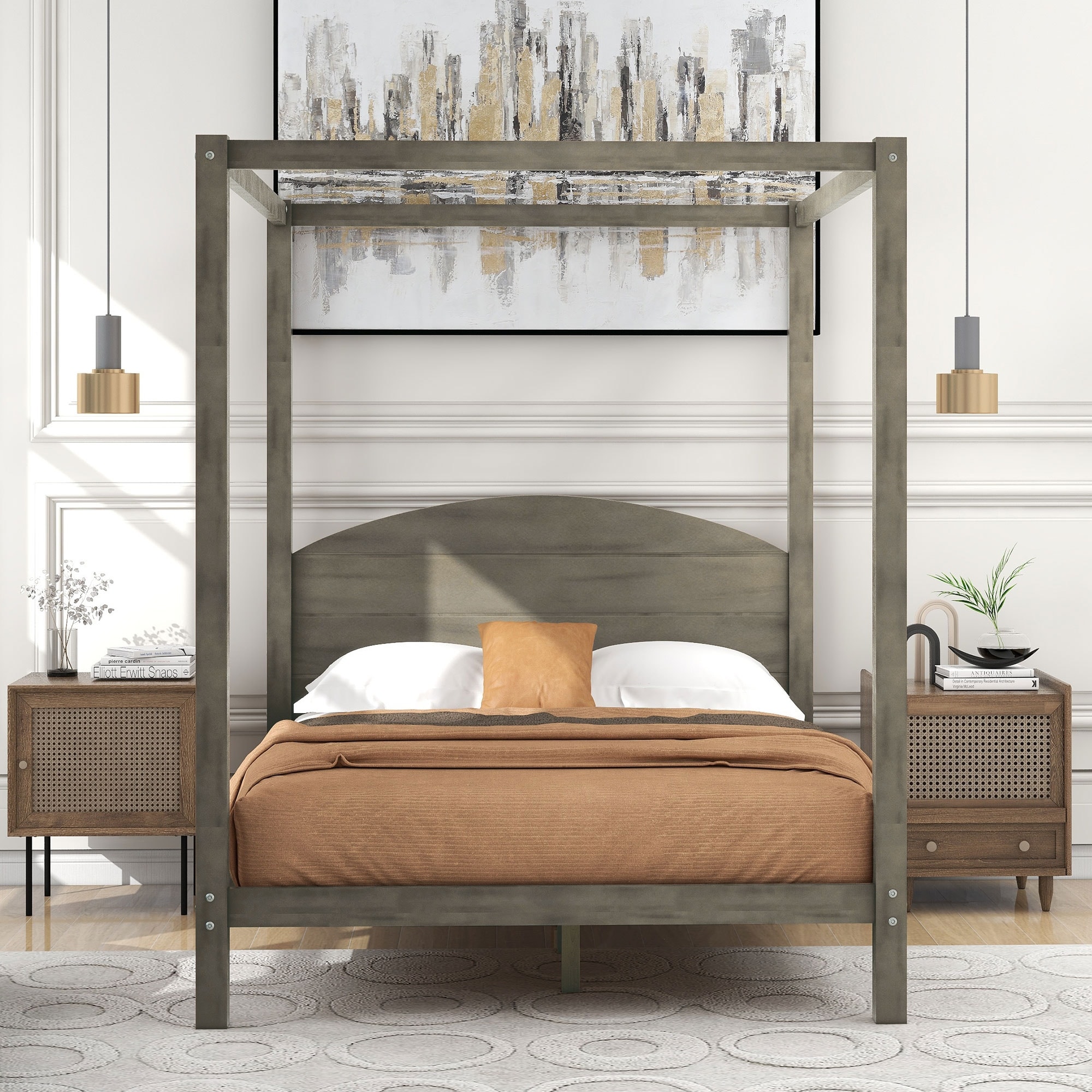 Full 4 Post Canopy Platform Bed with Headboard and Support Legs