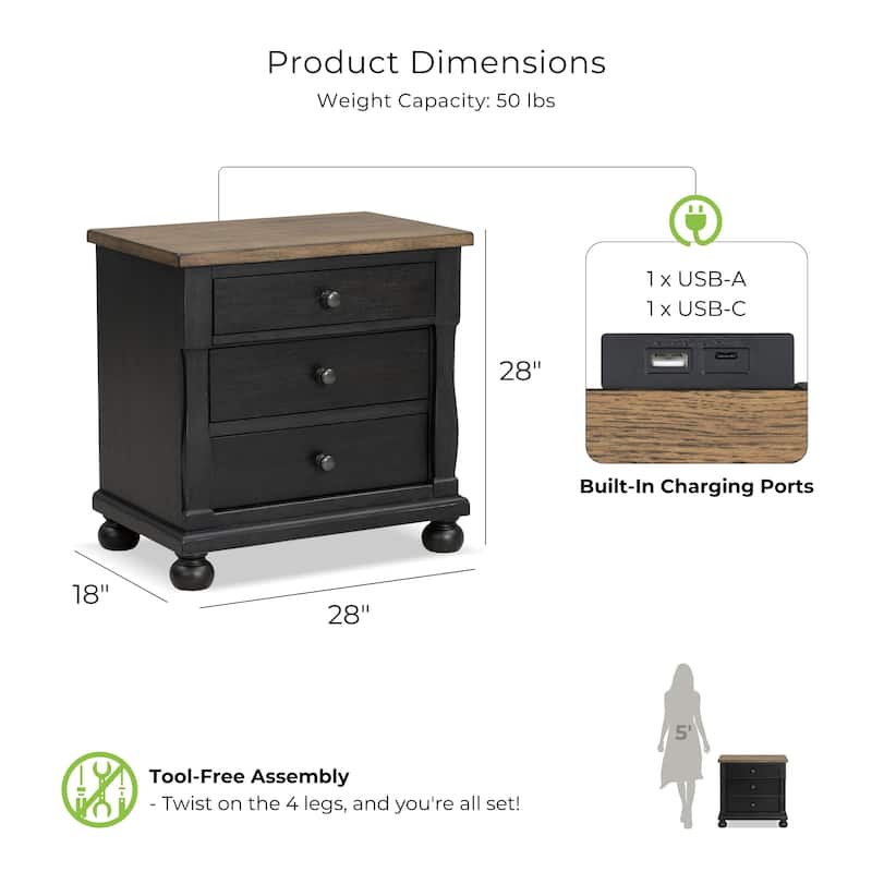 Furniture of America Lucan II Farmhouse Black Solid Wood 3-Drawer Nightstand (Set of 2)