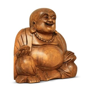Wooden Laughing Happy Buddha Statue Hand Carved Smiling Sitting ...