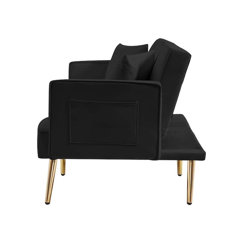 Velvet Futon Sofa Bed with Gold Metal Legs