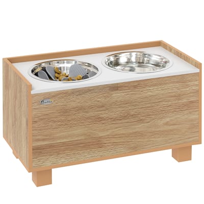 PawHut Elevated Dog Bowls, 14" H Raised Dog Bowl Stand with Removable Slow Feeder Dog Bowl, Oak