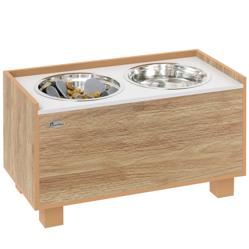 PawHut Elevated Dog Bowls, 14" H Raised Dog Bowl Stand with Removable Slow Feeder Dog Bowl, Oak