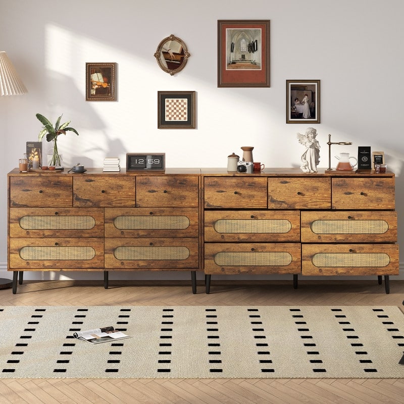 Mixoy Dresser with 7 Drawers,Chest Storage Organizer Units,Modern Wooden Dresser Chest with Rattan Decoration