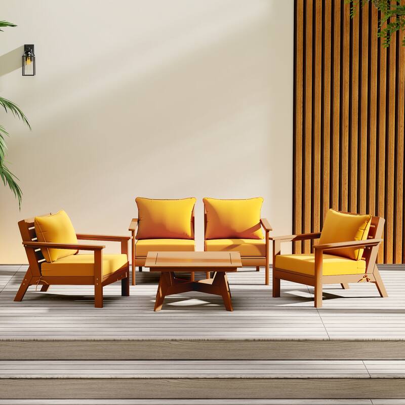 Birchwood All Weather HDPE Outdoor Patio Teak Deep Seating Conversation Set (5-Piece Set) - Teak/Yellow