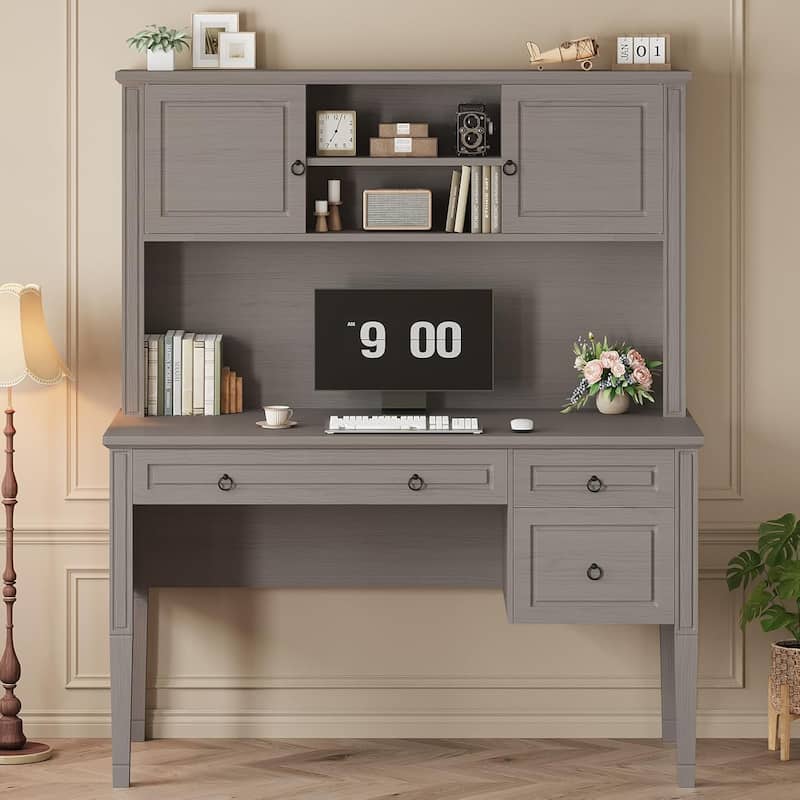 Farmhouse Executive L Shaped Desk Home Office Desk with Drawers and Storage Cabinet & Power Outlet