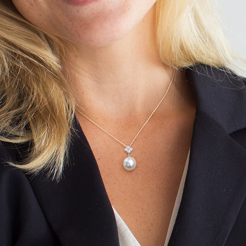 Miadora White South Sea Cultured Pearl and Diamond Accent Pendant in 10k Yellow Gold (13-13.5mm)