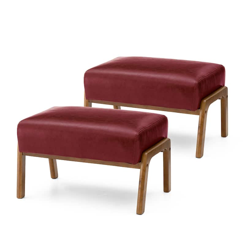 Glitzhome Set of 2 Mid-century Leatherette Ottoman Accent Stools