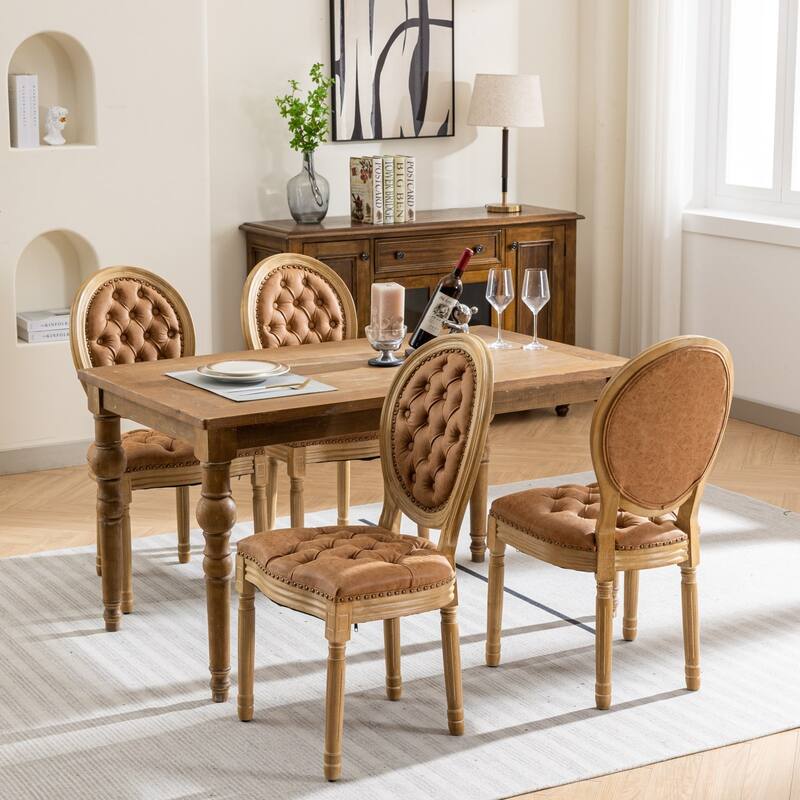 French Dining Chair Set of 2 Leather Upholstered Dining Chair Solid Wood Frame Oval Backrest Side Chair Without Arms
