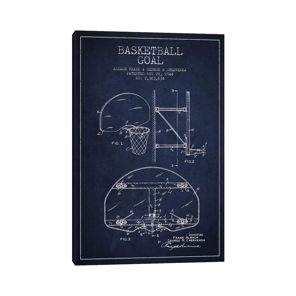 iCanvas "F. Albach & G.R. Chervenka Basketball Goal Patent Blueprint (Navy Blue)" by Aged Pixel Canvas Print