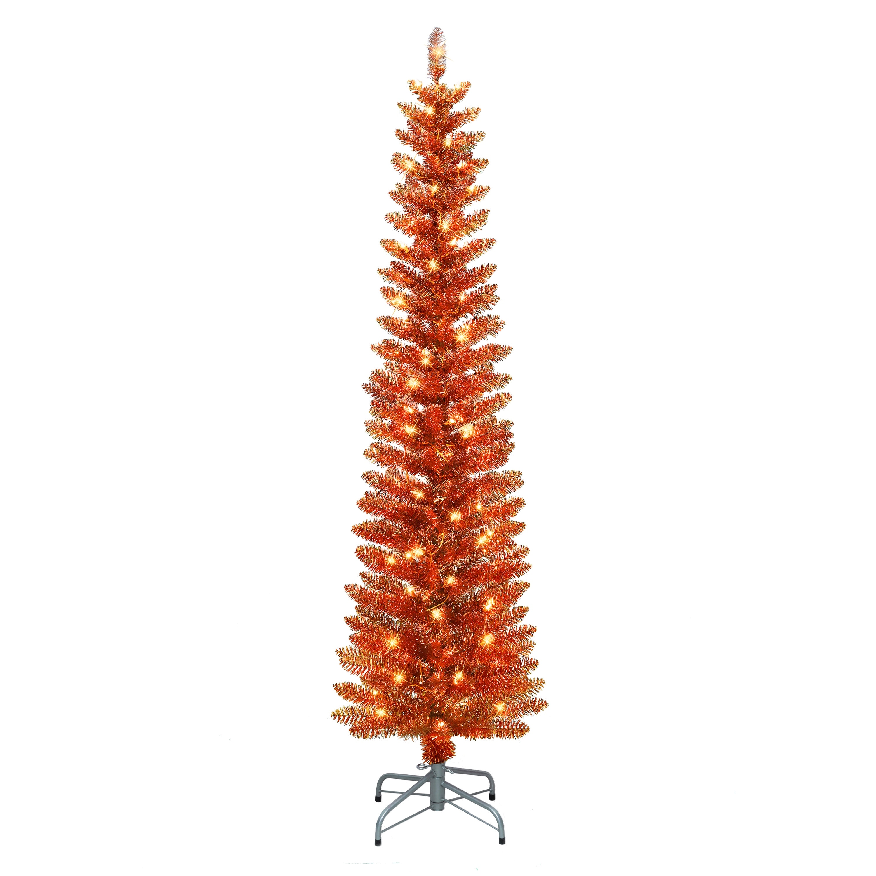 Puleo International 6 ft. Pre-Lit Orange Tinsel Artificial Tree