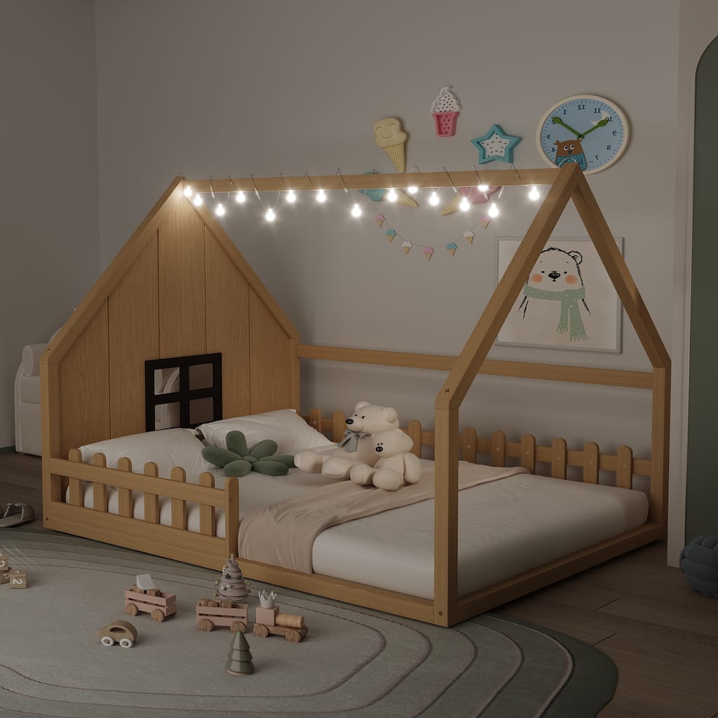 Full Size Wood House Bed with Fence and Window, LED Lights, Natural Pine - Kids Playhouse Bed for Boys and Girls