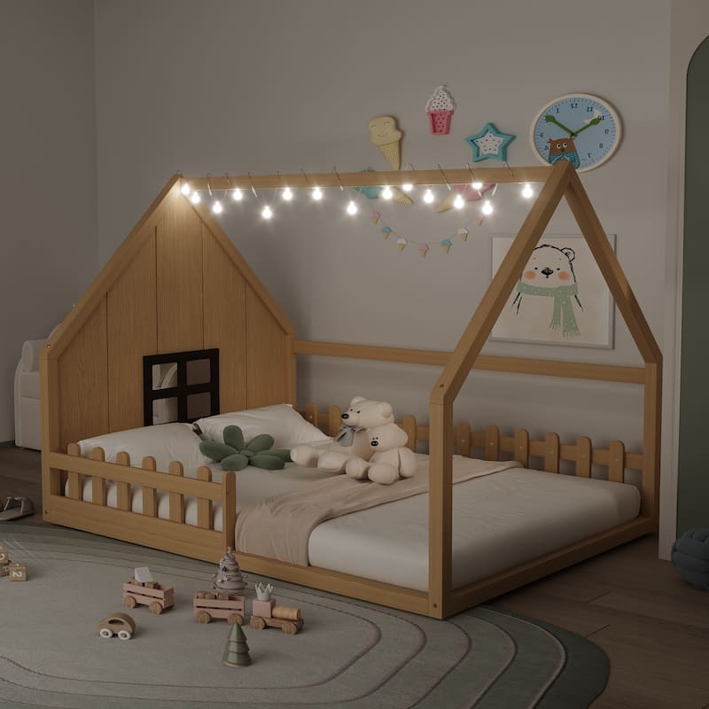 Full Size Wood House Bed with Window, Fence & LED Light - Natural