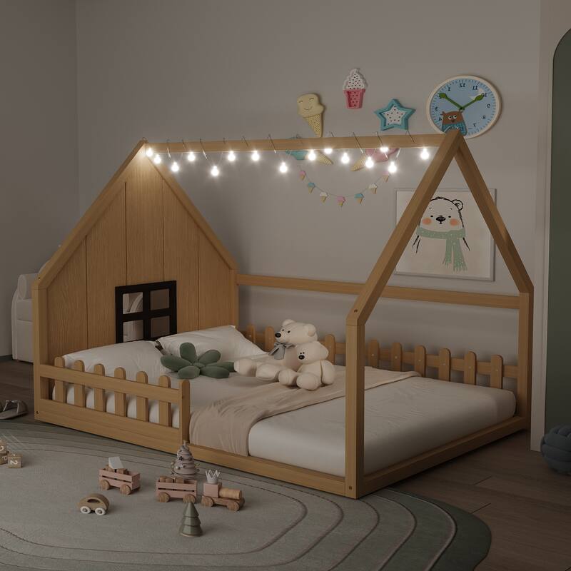Full Size Wooden House Bed with Fence, Window, LED Lights, and Playful Design for Kids' Bedroom, No Box Spring Required - Natural