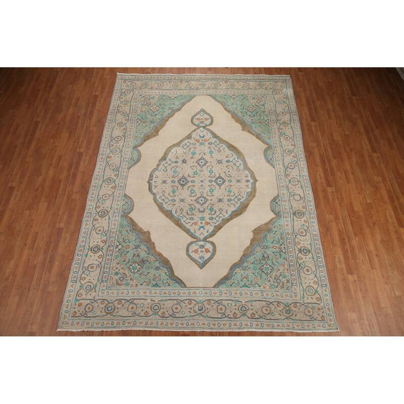 Hand Knotted Oriental 100% Wool Carpet Traditional Medallion Beige & Ivories Tabriz Area Rug - 11' 2'' X 8' 3''