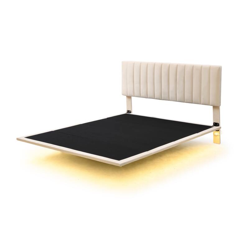 Queen Upholstered Velvet Bed with Sensor Light and Floating Frame - Modern Platform Bed with Headboard, No Box Spring Required