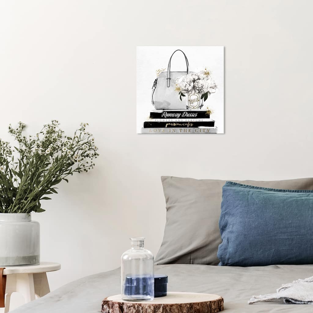 Wynwood Studio Canvas Fashion and Glam My Purse and Books Classic Square White and Metallic Gold Glam Wall Art Canvas Print