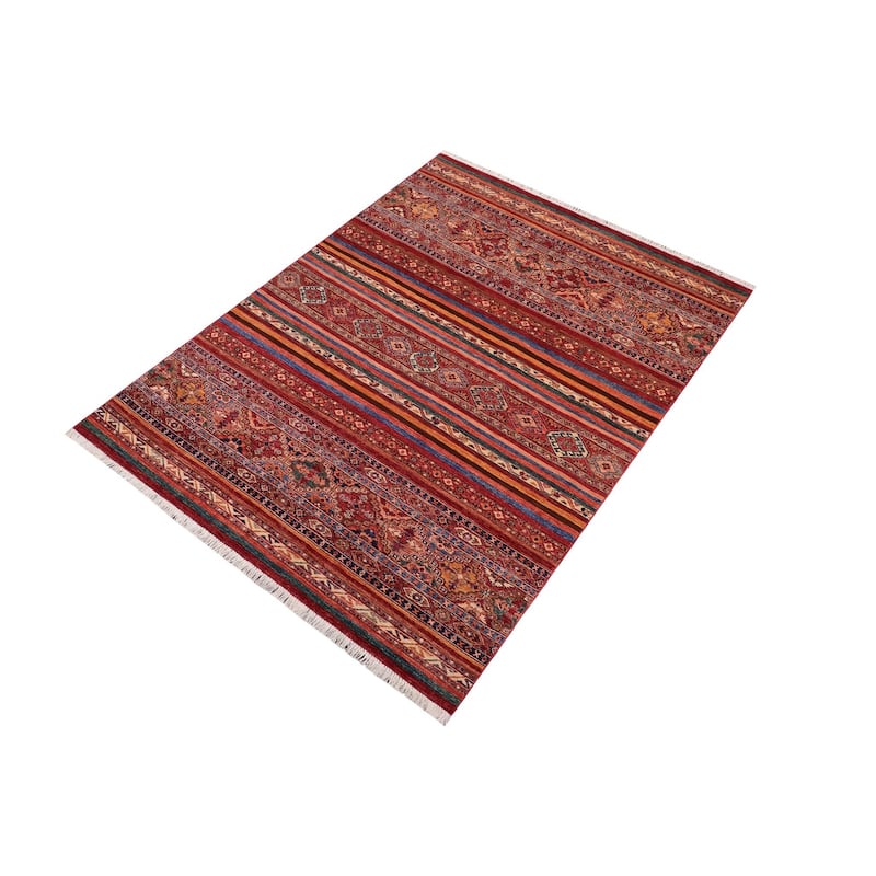 Tribal Khurgeen Helaine Red/Blue Hand-knotted Wool Rug - 5'6 x 7'10 - 5'6'' x 7'10''