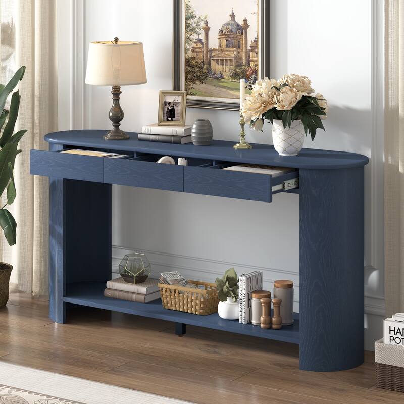 59.8"Modern Veneer Console Table with 3 Drawers,Farmhouse Entryway Table with Shelf,Wood Sofa Table with Semi-Circular Design - Navy Blue