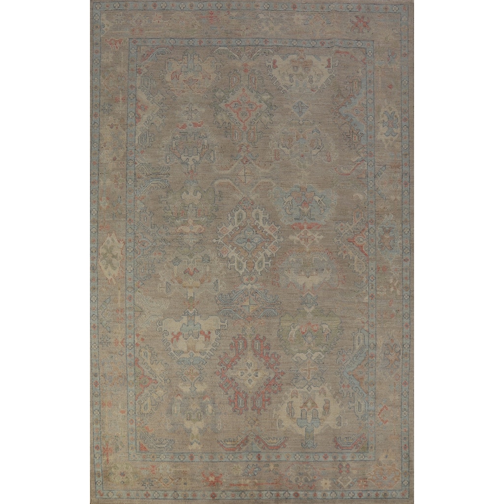 Hand Knotted Oriental 100% Wool Carpet Transitional All-Over Beige & Ivories Oushak Area Rug - 9' 3'' X 6' 2''