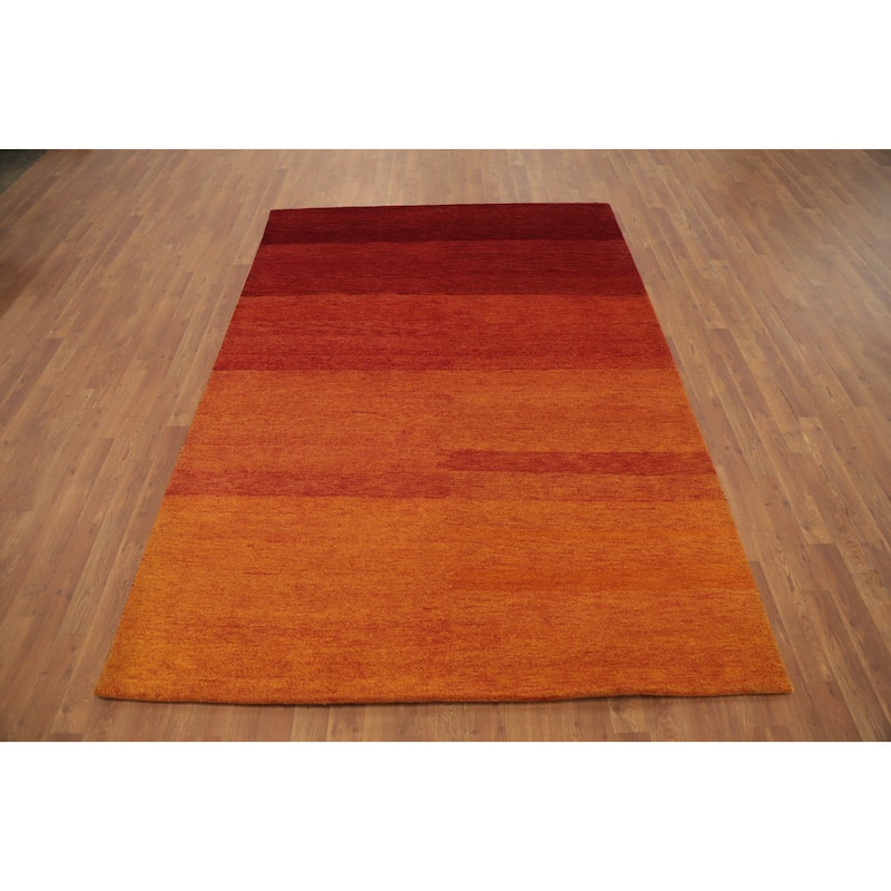 Hand Knotted Oriental 100% Wool Carpet Modern Stripe Oranges & Rust Gabbeh Area Rug - 7' 11'' X 5' 8''