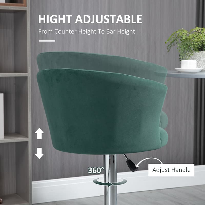HOMCOM Adjustable Bar Stools Set of 2, Velvet Kitchen Stool, Upholstered Counter Height Barstool with Swivel Seat