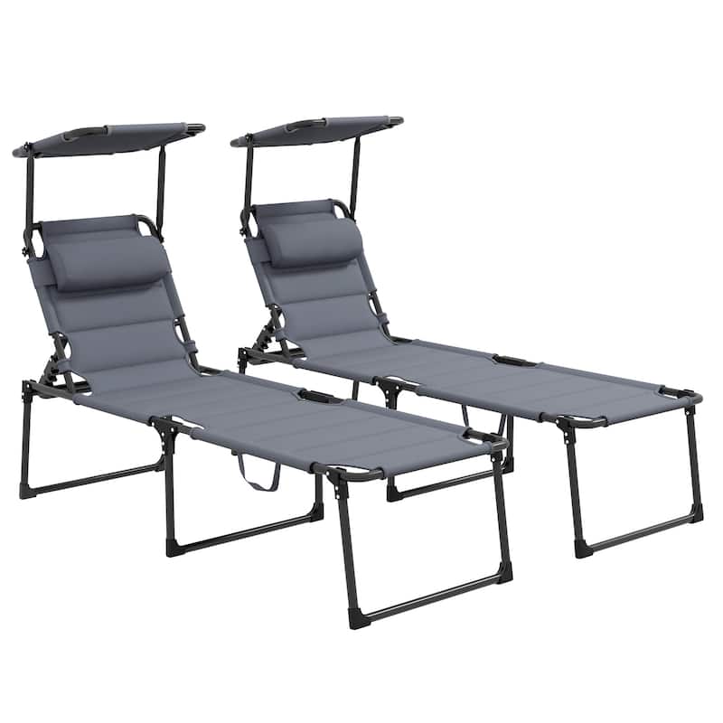 Outsunny 2 Pcs Outdoor Lounge Chair, 4 Position Adjustable Backrest Folding Chaise Lounge, Cushioned Tanning Chair