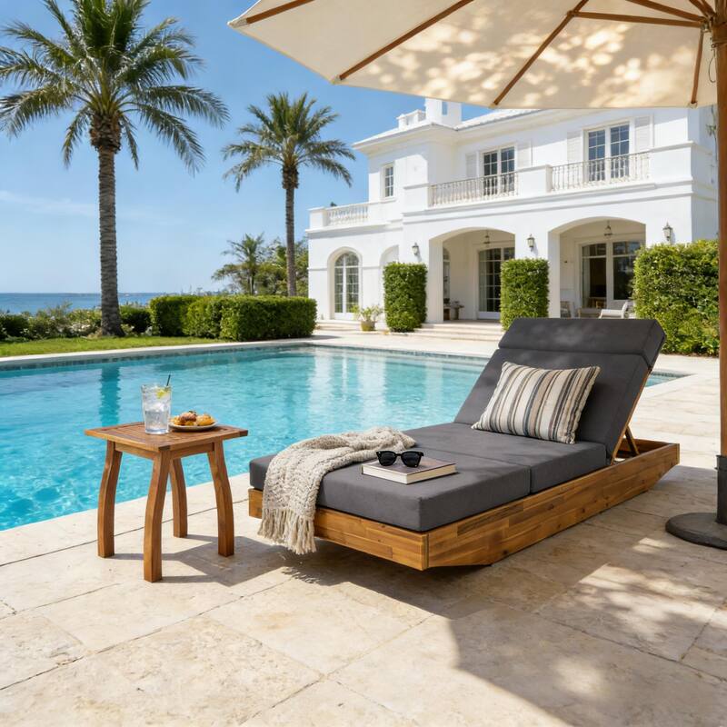 Christopher Knight Home - Outdoor Acacia Wood Chaise Lounge, Water-Repellent Cushion, Ergonomic Adjustable Headrest - 79.6"L