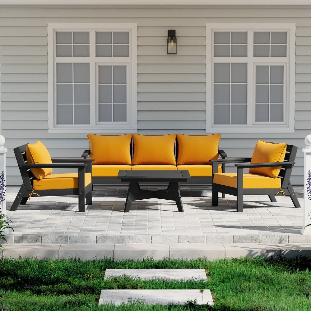 Birchwood All Weather HDPE Outdoor Patio Black Deep Seating Conversation Set (6-Piece Set)
