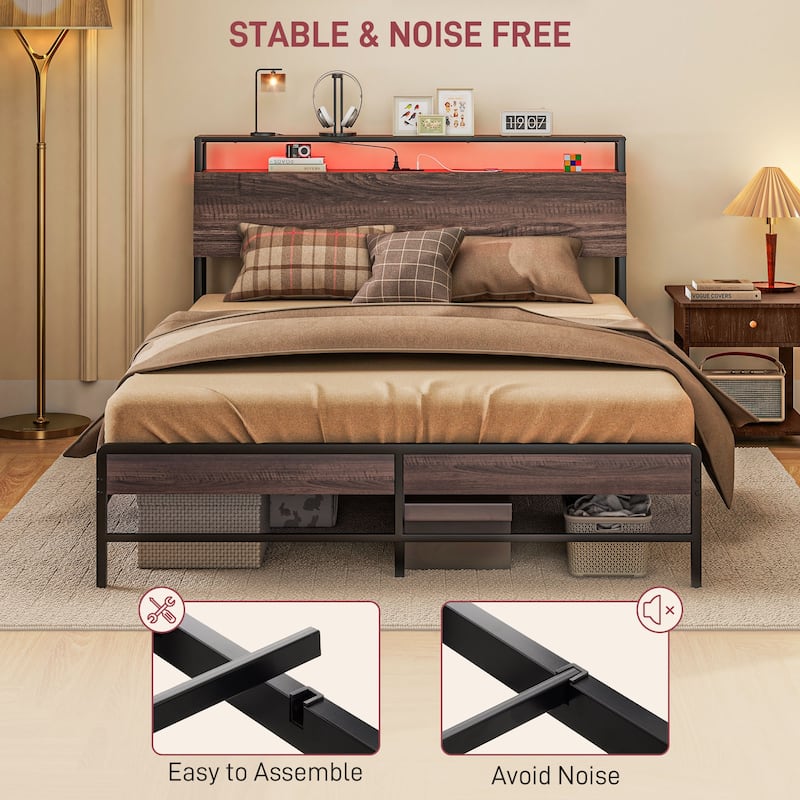 Queen Bed Frame with LED Lights, Charging Station, 3-Tier Storage Shelf, Steel Slats & Noise-Free Design, Easy Assembly