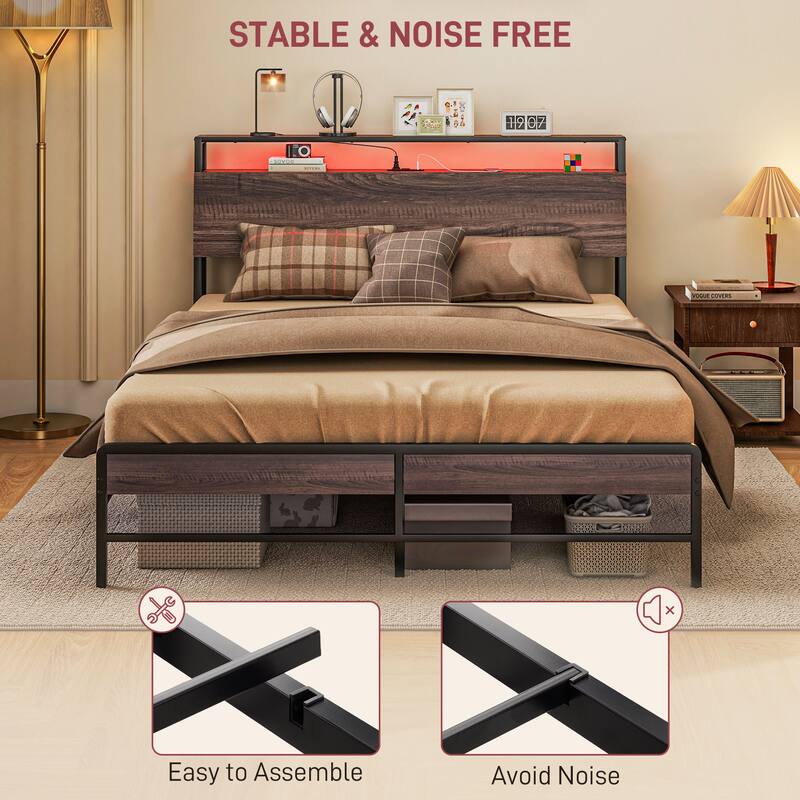 Queen Size Platform Bed with RGB Lighting, Charging Shelf And 3-Tier Under-Bed Storage
