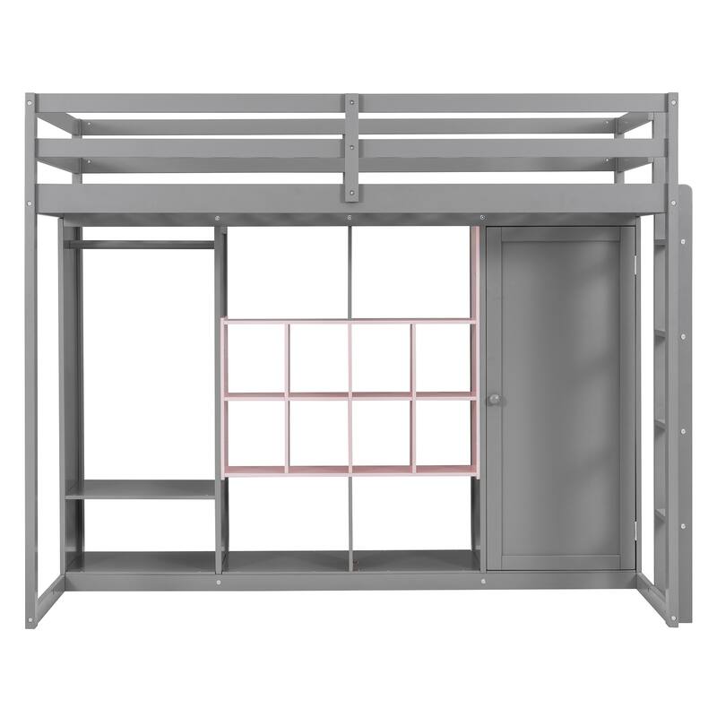 Twin/Full Size Versatile Loft Bed with Wardrobe, Storage Bed Frame with Multi-Shelves and Clothes Hanging Rod