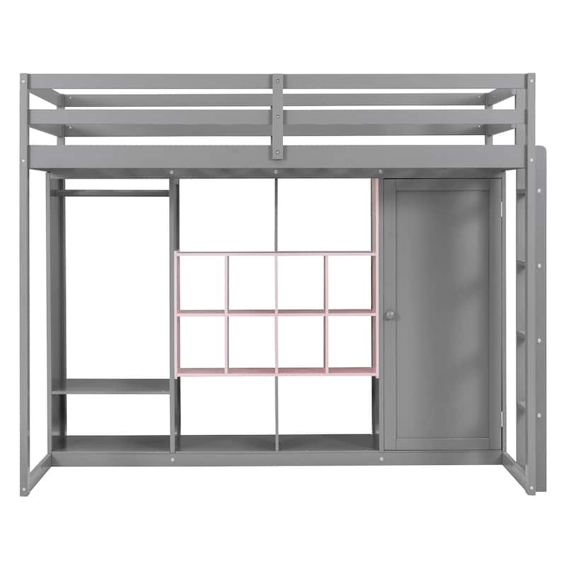 Twin Size Wood Loft Bed with Wardrobe, shelves and Cabinet, White+Yellow
