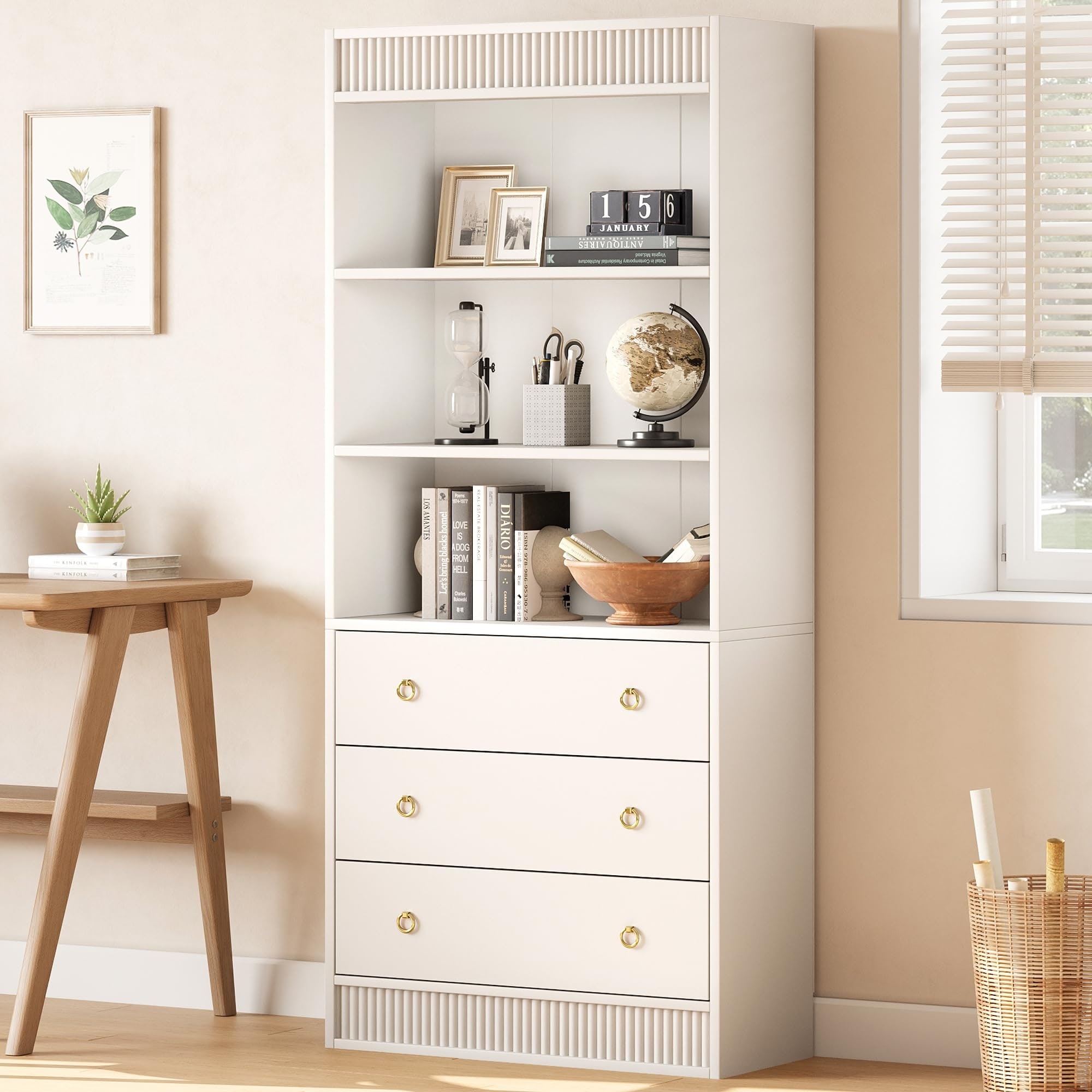 Fluted Bookshelf with Drawers, 6-Tier Tall Bookcase with Cabinet, Modern Wood Display Shelf