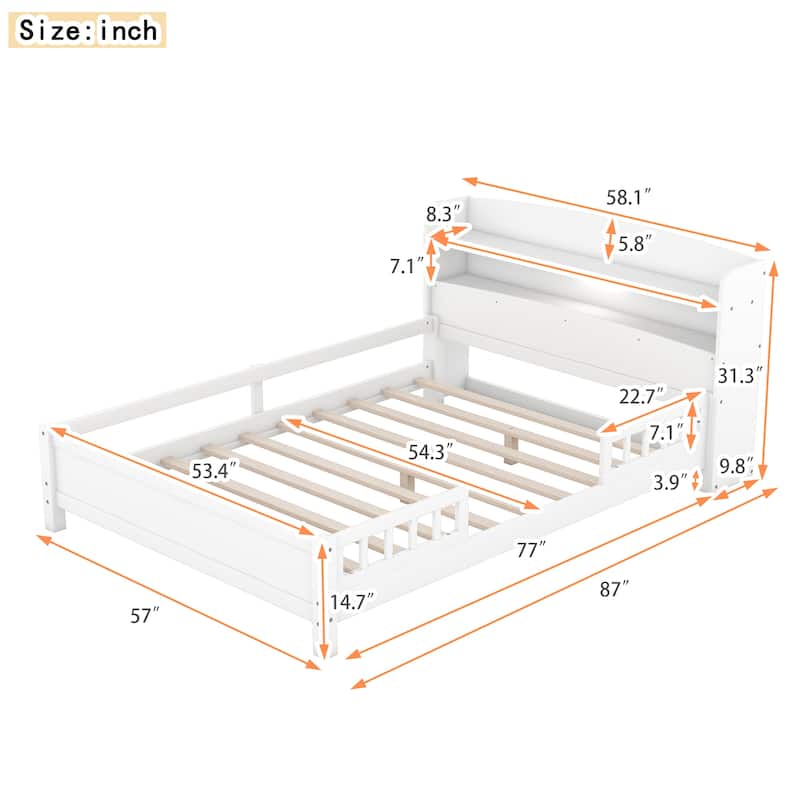 Twin/Full Size Wood Platform Bed with Built-in LED Lights, Shelves, and Guardrail