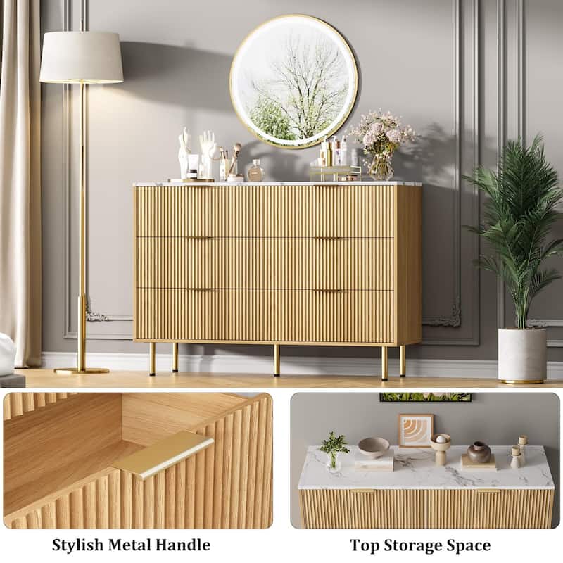 6 Drawers Dresser for Bedroom, Fluted Dresser Chest of Drawers with Handle, Wood Modern Dressers for Closet