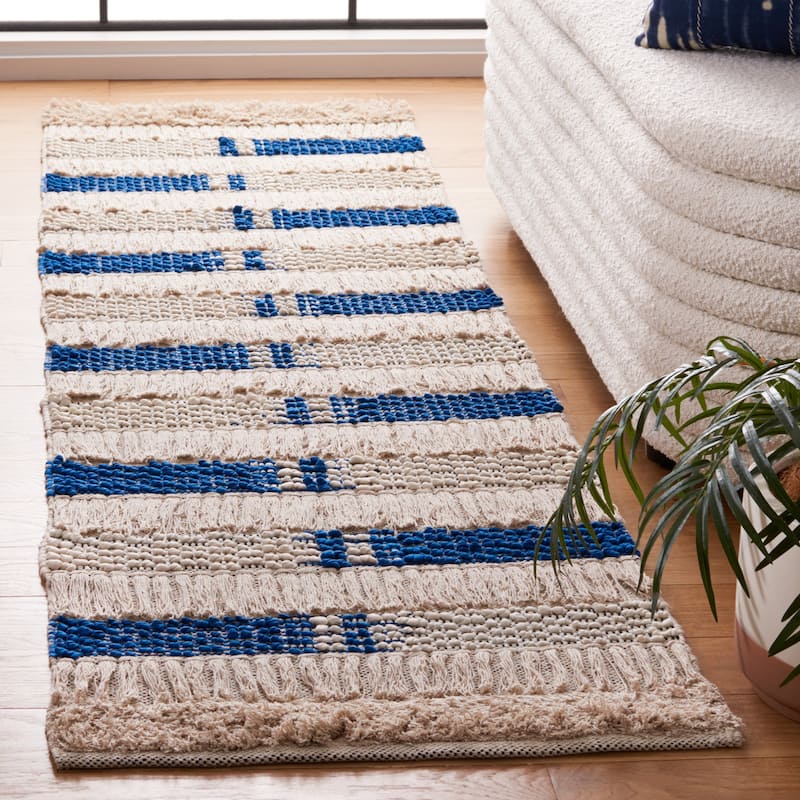 SAFAVIEH Handmade Natura Jaidyn Stripe Rug - 2'3" x 8' Runner - Beige/Navy