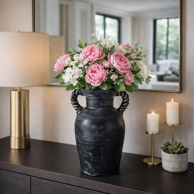 Decorative Textured Amphora Table Vase with Twisted Handles - 13.5" - Blue