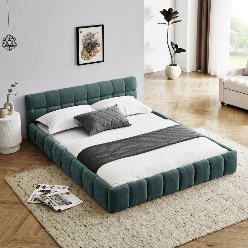 Platform Bed Frame, Chenille Upholstered Bed with Headboard and Solid Frame - Blue-green - Queen