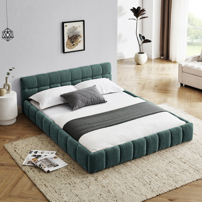 Queen Size Upholstered Platform Bed with Headboard, Chenille Fabric, No Box Spring Needed, Green (68''x86.5''x23.5'') - Blue-Green